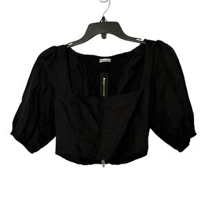 Reformation Black Yucca Linen Puff Sleeve Crop Top - 4